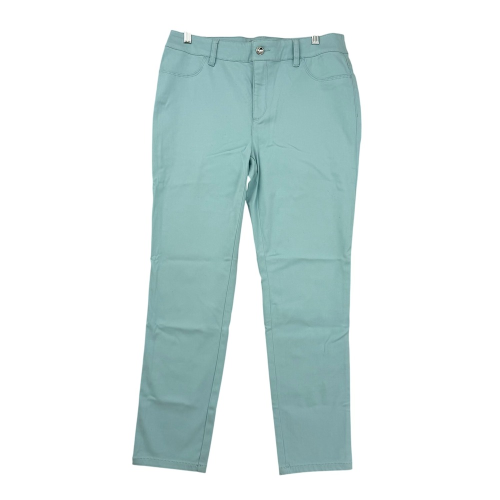Chicos Ankle Pants Womens 0.5 Aqua Blue Stretch Cotton Blend Rhinestone Button